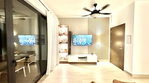 Living area with 50 inch LED TV.