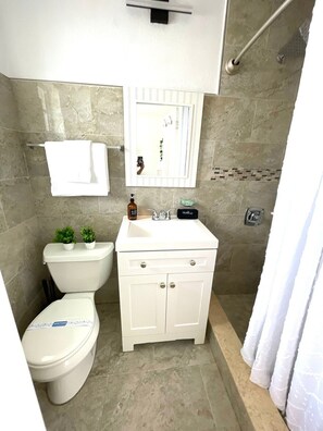 Bathroom includes: Shampoo, Conditioner, Body soap , hand soap, hand towel, toilet paper.