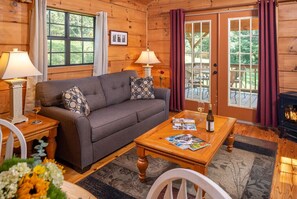 Cabin living room with sleeper sofa.