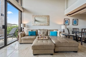 Large leather sofa sectional in living room.