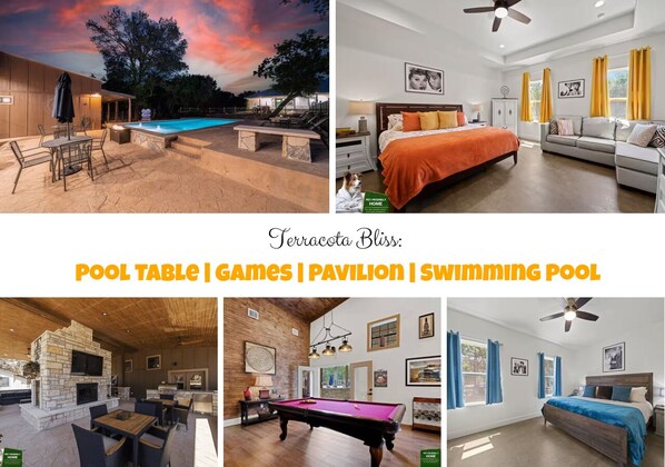 Terracotta Bliss: Dive into fun with a sparkling pool, games, and vibrant sunset skies!