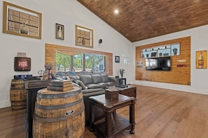 The living room is decorated in a rustic style.
