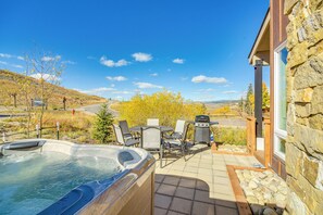 Patio | Gas Grill | Dining Area | Hot Tub | 2-Story Townhouse