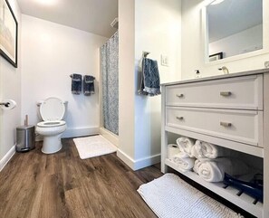 Our always sparkling clean bathroom was recently remodeled and offers everything you could need to make this your home away from home