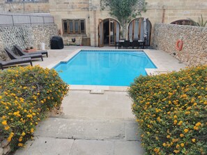 Large sunny private pool with sunloungers, bbq and outdoor dining