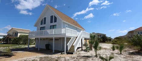 Front right-corner view of the beach house