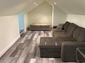The upstairs sleeping area has a fold out couch and we have an air mattress.