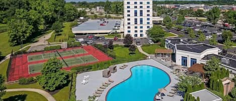 Overview of the complex with tennis court & HUGE pool.