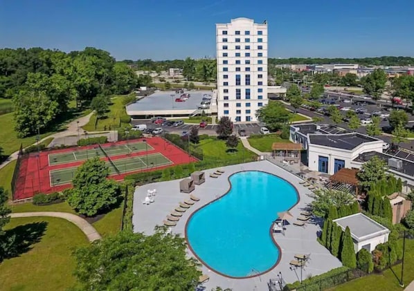 Overview of the complex with tennis court & HUGE pool.