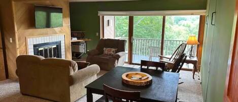 Great living room, queen Murphy bed in wall and beautiful views from deck!