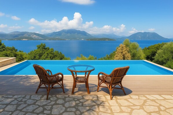 Enjoy moments of relaxation near the pool, overlooking the famous Scorpio island