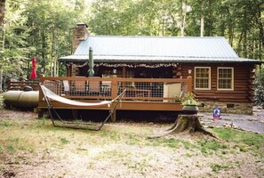 A view of the front of our cabin at the creek bank.