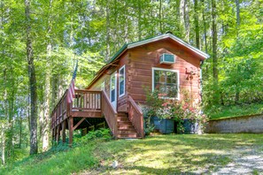 Cabin Exterior | On-Site Creek Access | ~35 Mi to Asheville