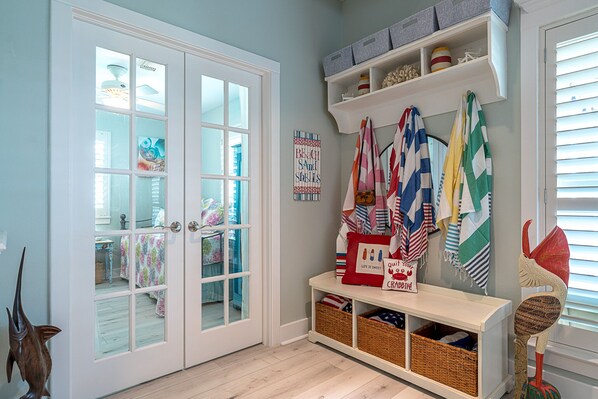 Beach towels stocked in baskets