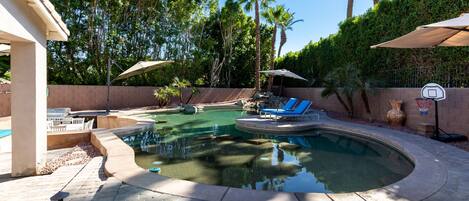 Private pool, adequate seating, firepit area, and grilling area