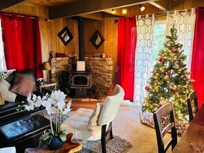 Living Room with wood burning stove & Christmas Tree