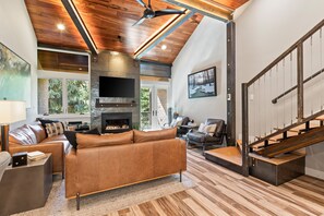 Vaulted wood and metal beam ceiling