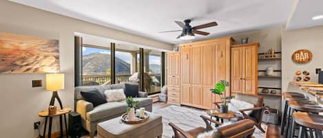 Living area with mountain views, gas fireplace and Murphy bed.