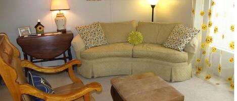 Home away from home waiting for you. Couch and "King" chair with ottoman.
 
