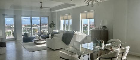 Living and dining areas, sweeping views on lanai.