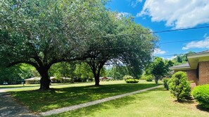 Old twin oaks shade gracious front yard.
