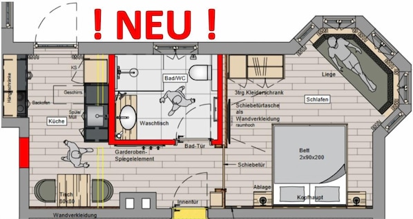 Appartment Königssee für 2 Personen, 38qm und Terrasse-Grundriss