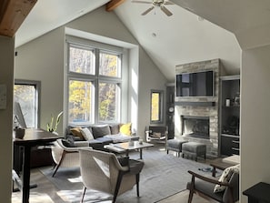 Open living room with gas Fireplace
