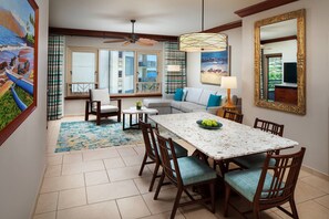 Separate living and dining areas. Sofa pulls out to a queen bed. (Ocean View).
