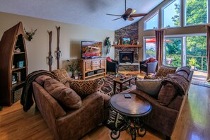 Comfortable living, many windows with mountain views, new wood-plank ceiling.