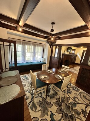 Dining area with original built ins and beams