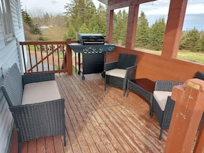BBQ grill and patio seating area. 