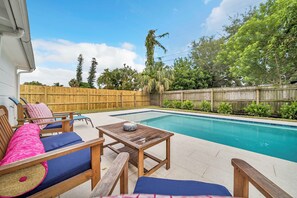 Sit outside or dip in the brand new heated salt water pool w/ bubble swim shelf
