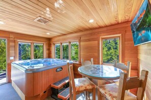 Experience ultimate comfort and indulgence in our indoor hot tub and and a serene ambiance that promises relaxation