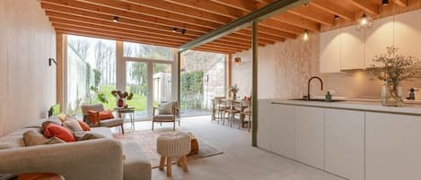 Bright living room with open kitchen