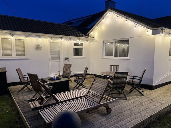 Rear deck with fire-pit, table and recliners