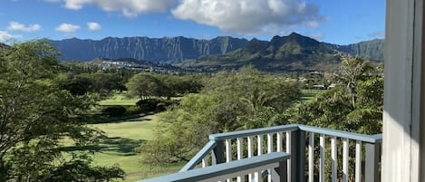 View from inside the studio of the Koolau Mountain range and golf course.
