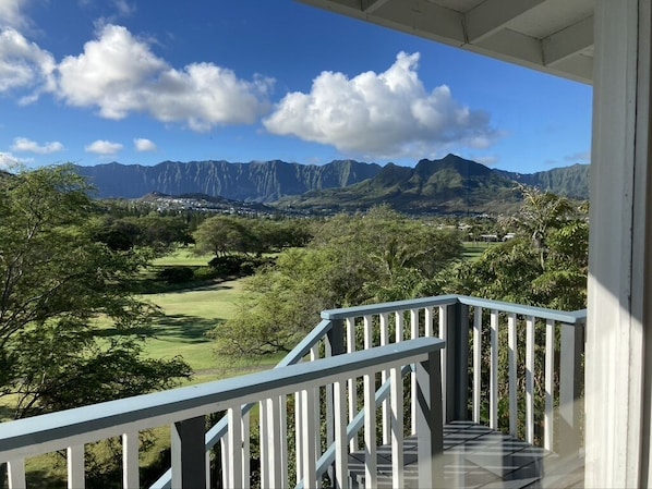 View from inside the studio of the Koolau Mountain range and golf course.
