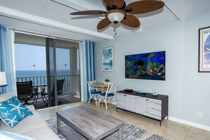 Indoor dining area and large smart TV