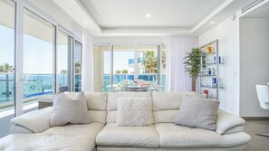 The leather L shaped sofa in the living room.