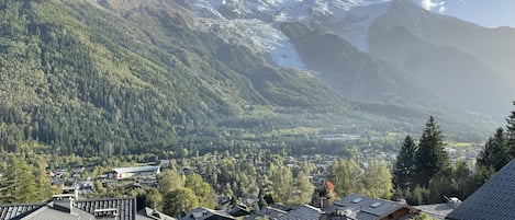 Vue du balcon de la maison : l'Aiguille du Midi et le Mont Blanc