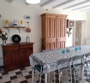 Extendable table seats twelve in comfort.