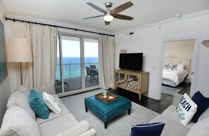 Living room 
Queen Sleeper Sofa
Loveseat
TV
Balcony with View