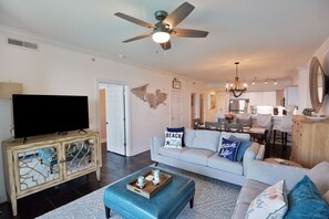Living room 
Queen Sleeper Sofa
Loveseat
TV
Balcony with View
Dining Table for 6/ Breakfast bar seating for 4