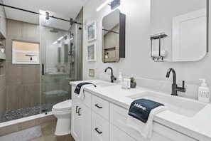 Beautifully renovated bathroom with dual vanity