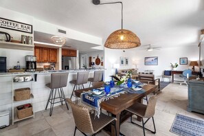 The open and airy living and dining room provide a perfect setting for relaxation
