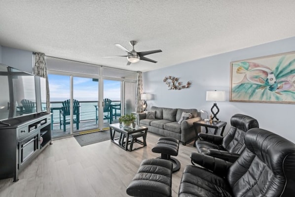 The ocean front living room is fabulous for movie night with the family.