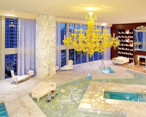 The luxurious spa with a cold plunge, jacuzzi, and sauna. 
