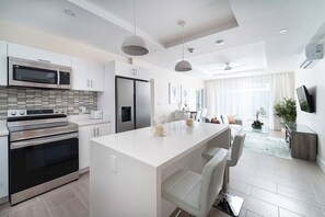 The condo offers an open-concept feel