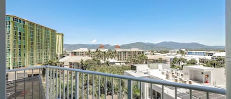 Dine on the balcony or inside at the glass two-seater table.