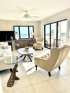 Living room with full view of gulf.